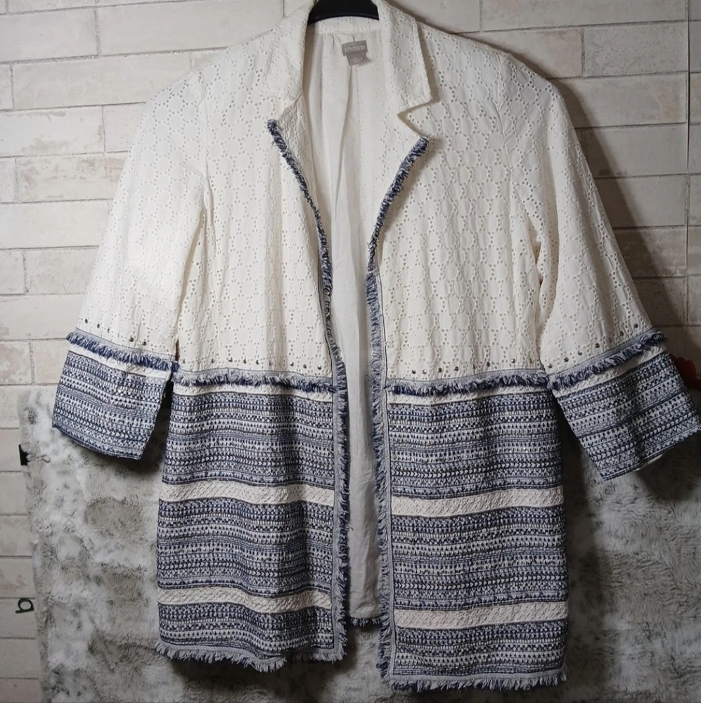 Chico's Eyelet Topper Embellished Jacket Fringe Beads Trim Lace 3 XL White Navy